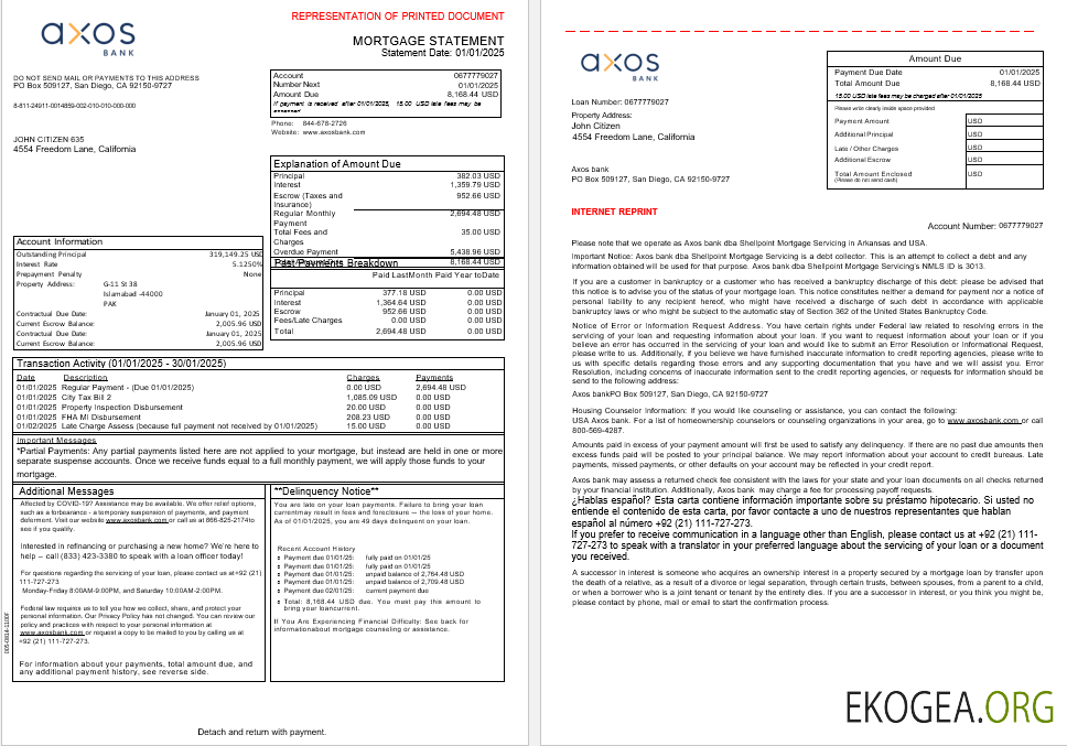 Relevé hypothécaire USA Axos Bank aux formats Word et PDF, 3 pages 1 , 2